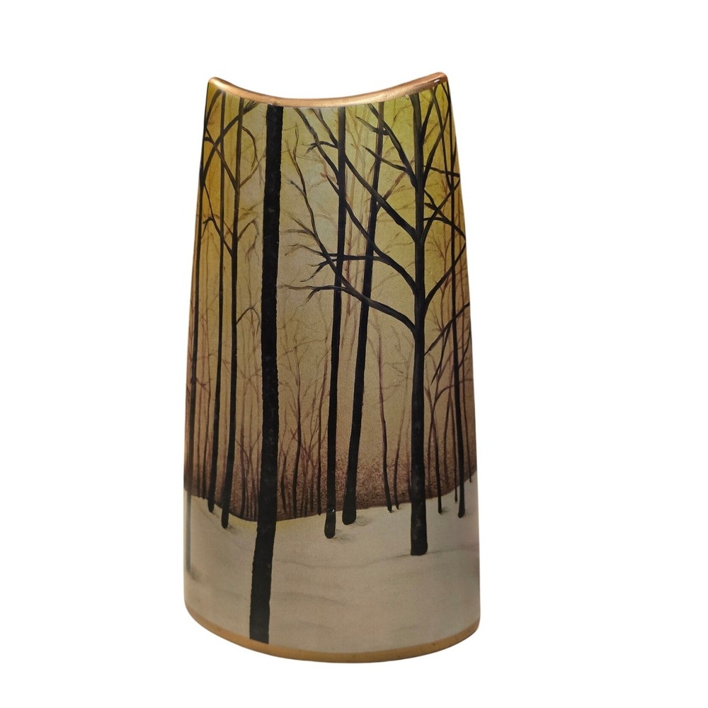 Modern Ceramic Winter Forest Tree Scene Boat Shaped Vase Gold Rim 11 Inch - Picture 2 of 9